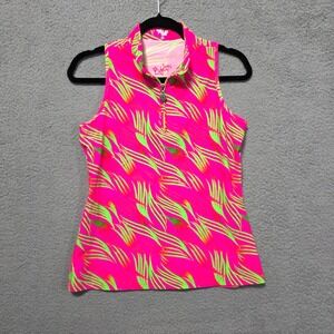TZU TZU Bella Womens Medium Neon Pink Neon Green 1/4 Zip Sleeveless Golf Top